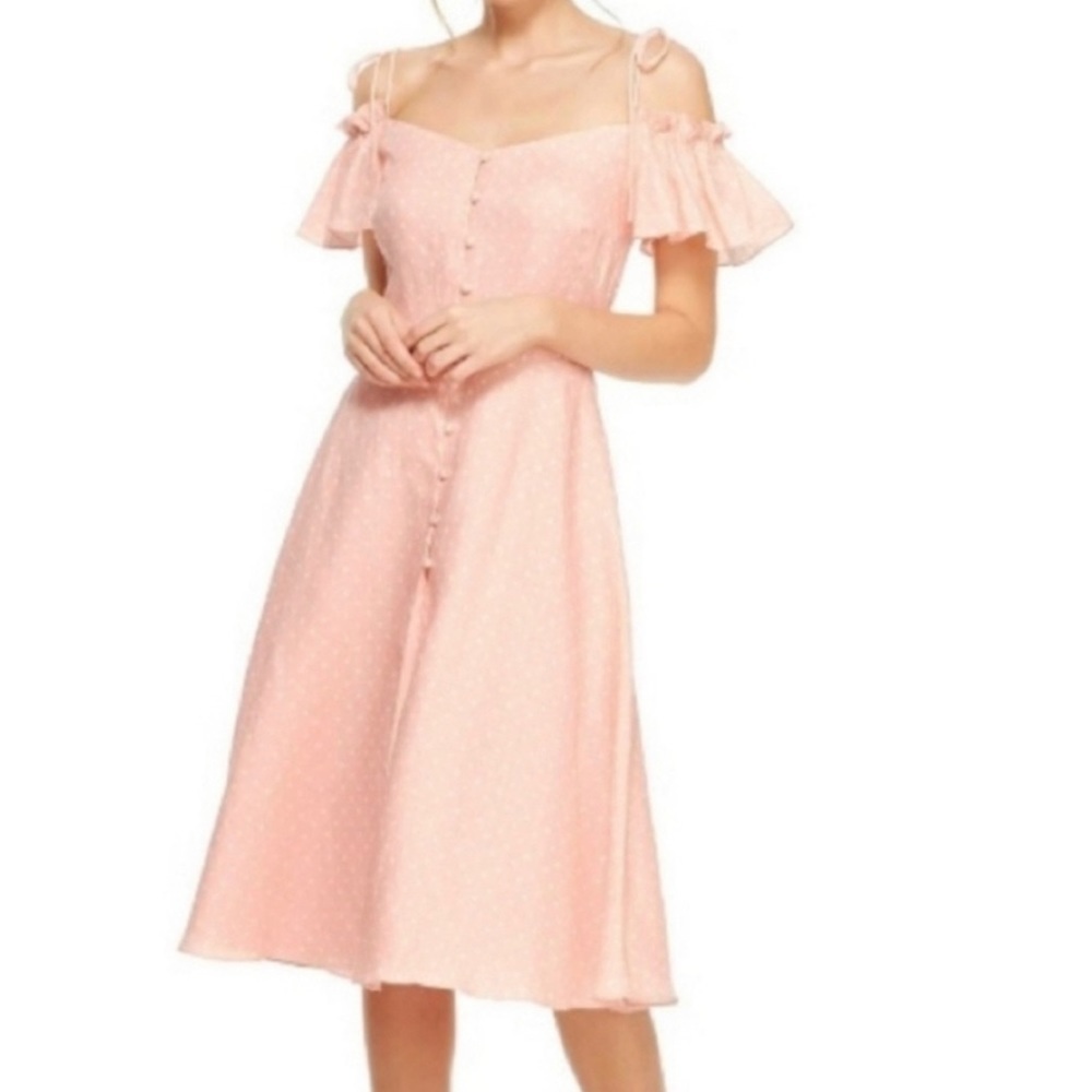 NEW Gal Meets Glam Pink Polka Dot Colleen Off Shoulder Ruffle Sleeves Dress 20
